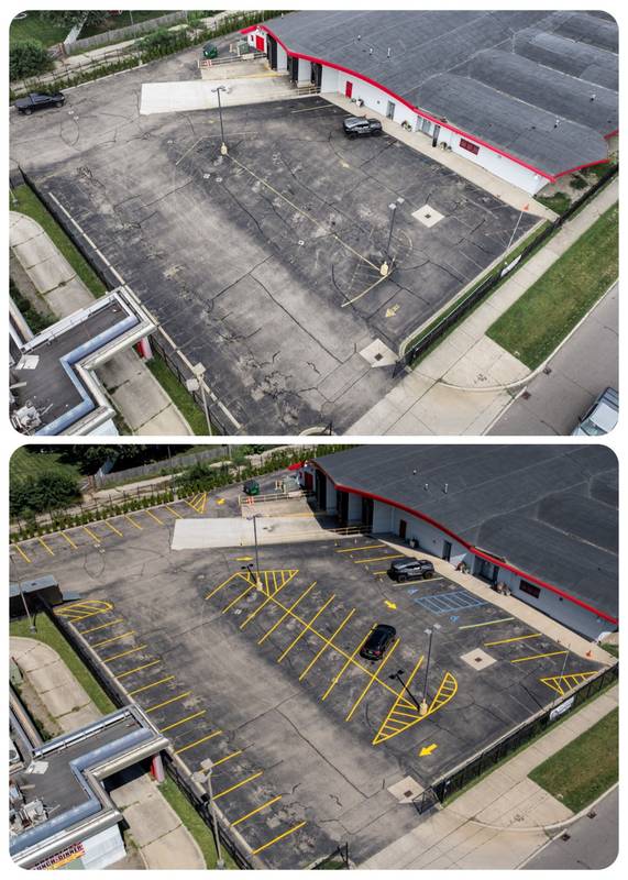 Aerial before and after of a Metro Detroit commercial parking lot fully restriped and ADA compliant