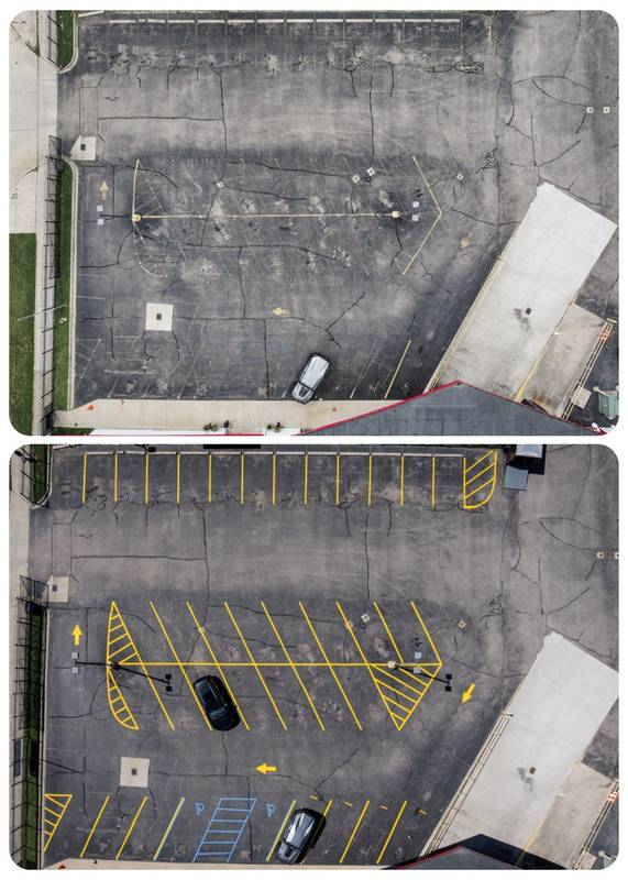 Aerial before and after of a faded parking lot given a new striping layout, arrows and signage
