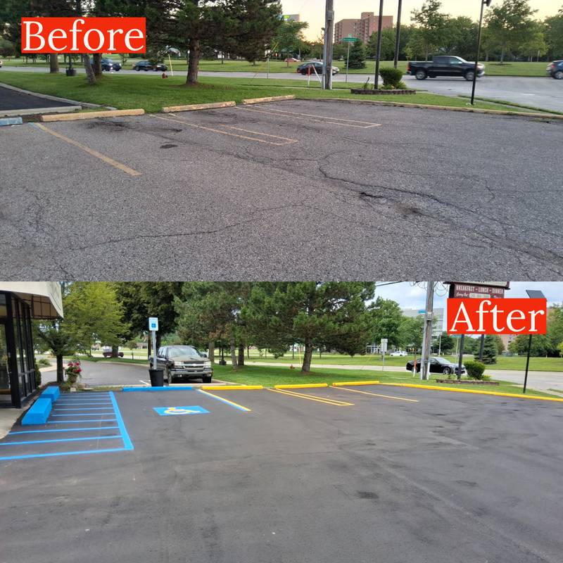 Parking lot striping Metro Detroit before and after — apartment complex lot restriped with ADA handicap markings and blue accessible route