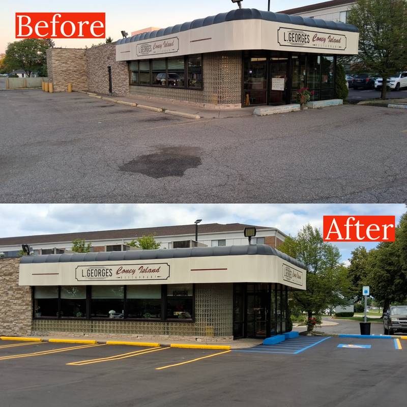 Parking lot striping before and after at L. Georges Coney Island restaurant in Metro Detroit with fresh yellow lines and ADA spaces