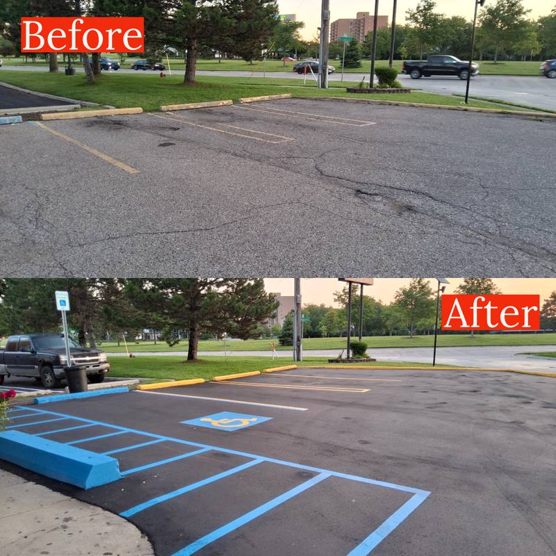 Parking lot restriping Detroit before and after — cracked restaurant lot resurfaced with crisp new lines and ADA parking