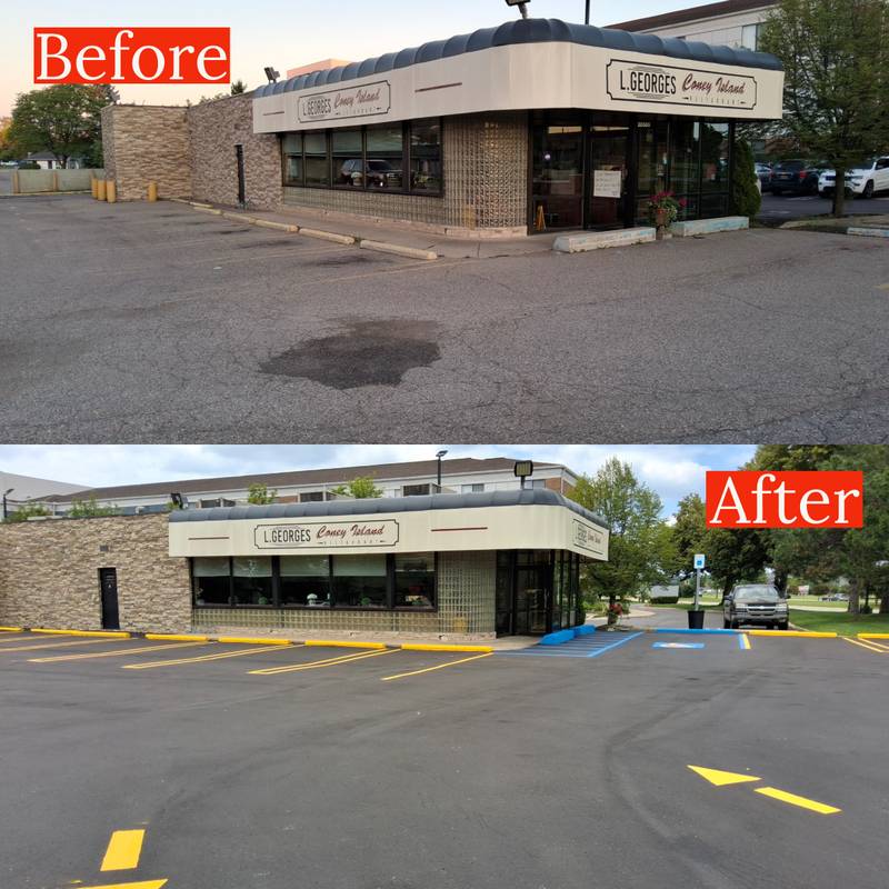 Before and after storefront entrance striping with blue accessible route, painted curb and handicap symbol